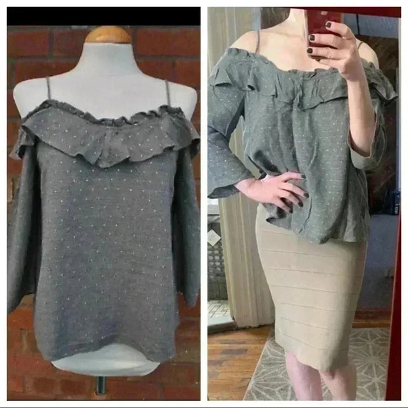 Zara grey open shoulder shiny ruffled top - Picture 1 of 6